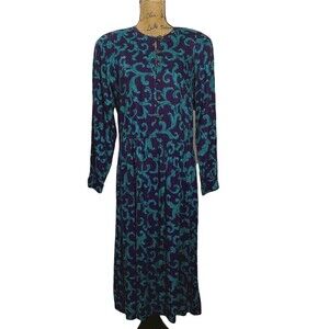 Vtg Dorothy Samuel California Design Dress USA Sz 10 Purple Teal Green Leaf